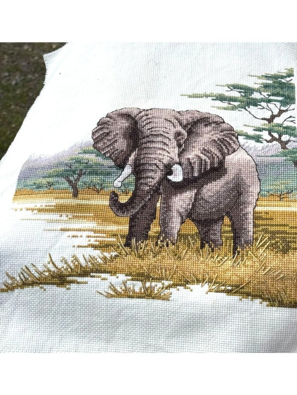 Elephant Cross Stitch Artwork On Canvas Majestic Savanna Scene Handcrafted Petit